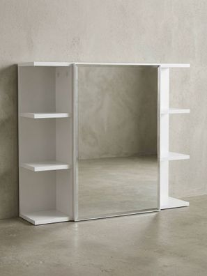 Hängeschrank Weiß 80x64,5x20 cm aus Spanplatte mit Spiegeltür und offenen Fächern