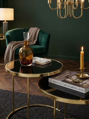 Beistelltisch Set - Metall schwarz-gold, Glas, rund, 2-teilig