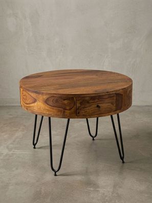 Couchtisch rund, Braun, Massivholz & Metallgestell, inkl. Schubladen, 60x44,5x60cm
