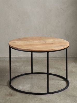 Couchtisch Akazie Massivholz Metall 60x43x60cm, Rundes Design, Kompakt