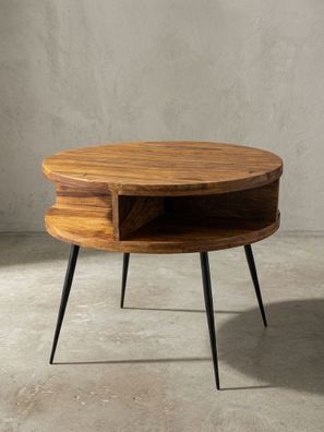 Couchtisch Sheesham Massivholz Metall, Ablagefunktion, 60x45x60cm, Braun Rund