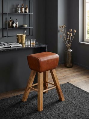 Barhocker Echtleder Mango Massivholz 43x75x43cm Turnbock-Design Braun