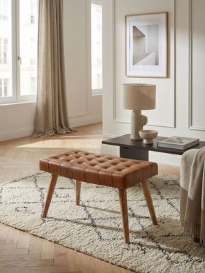 Sitzhocker - Mango Massivholz/Echtleder, 67x47x39cm, Chesterfield-Design