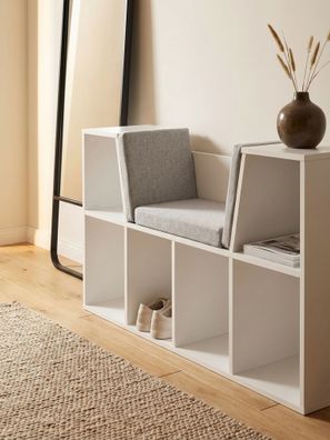 Regalbank - Weiß matt, 101,5x61,5x30cm, mit Sitzfläche Grau, 6 Fächer