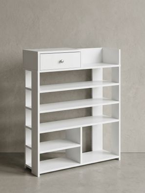 Schuhregal - Weiß, 75x92,5x24cm, hoch, 7 Fächer, mit Schublade