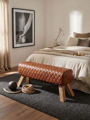 Sitzbank - Leder/Massivholz, 89x46x35cm, Turnbock-Design