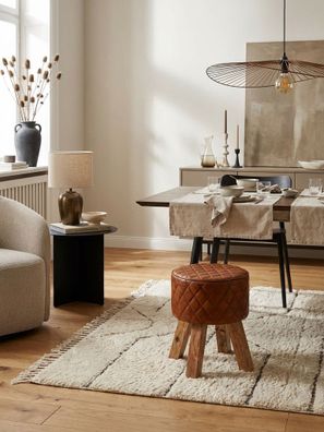 Sitzhocker - Echtleder/Massivholz, 35x46x35cm, rund, Turnbock-Design