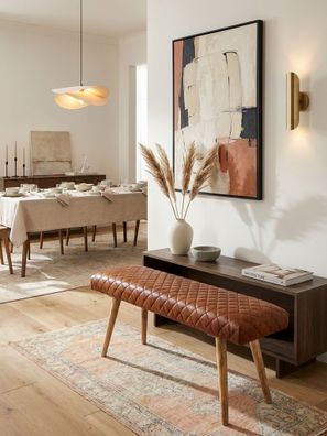 Sitzbank - Leder/Massivholz, 115x53x38cm, Braun, ohne Lehne