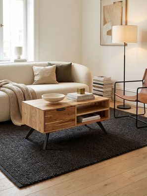 Couchtisch Akazie Massivholz Rechteckig 95x45x45cm mit Stauraum und Schublade