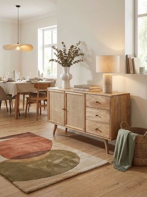 Sideboard - Mango Massivholz/Rattan, 140x75x40cm, 3 Schubladen, 2 Türen