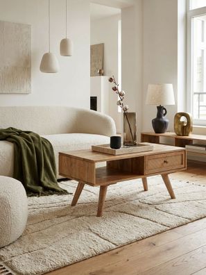 Couchtisch Naturfarben, Mango Massivholz & Rattan, Stauraum, Schublade, 90x40x45cm