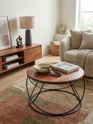 Couchtisch Braun Sheesham Massivholz Metall 60x40x60cm Rund Modern Industrial