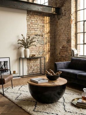 Couchtisch Mango-Massivholz & Metall Industrial-Stil Schwarz 60x34x60cm mit Stauraum