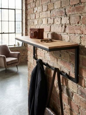Garderobe Wand Holz und Metall mit Hakenleiste und Ablagefläche 70 cm breit