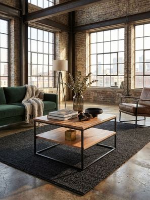 Couchtisch Massivholz Metall 60x60x41cm mit Stauraum Industrial Design