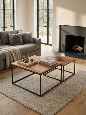 Couchtisch Set - 2-teilig Eckig Akazie Massivholz Metallgestell