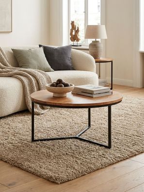 Couchtisch Rund Klein aus Akazie Massivholz mit Metall Design, 60x60x38cm