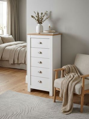 Sideboard - Weiß/Eiche, 53x114x39cm, 5 Schubladen, schmal