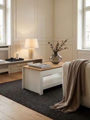 Couchtisch Weiß Eiche, Eckig mit Stauraum und Ablagefach, 85x47x45cm