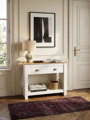 Konsolentisch - Weiß/Eiche, 85x35x76cm, schmal, mit Schubladen und Stauraum