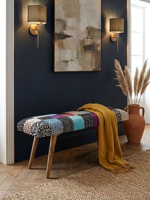 Sitzbank - Samt/Massivholz, 117x51x38cm, Patchwork
