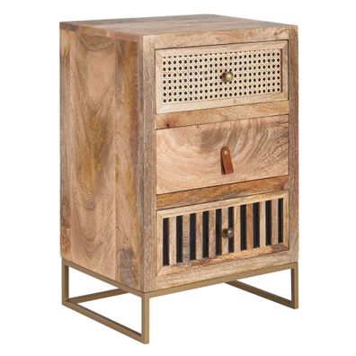 Nachttisch - Mango Massivholz/Metall, 40x60x30cm, 3 Schubladen, Wiener Geflecht