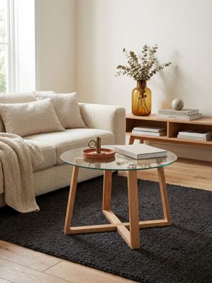 Couchtisch rund aus massiver Eiche und Glas in modernem Design, 58x58x47cm