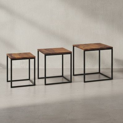 Satztisch Set - 3-teilig Massivholz Metall Eckig platzsparend