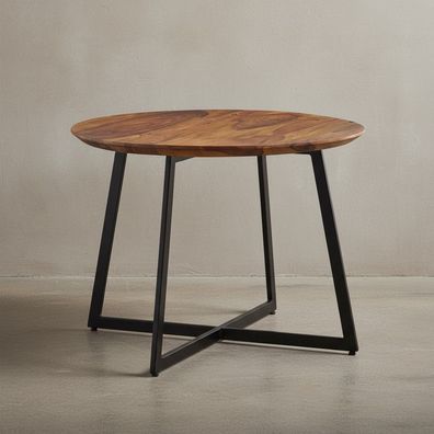 Couchtisch Rund Modern aus Sheesham Massivholz mit Metall, 60x60x45cm