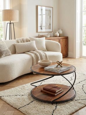 Couchtisch Sheesham Massivholz Metall, Rund, Stauraum, 58x58x35cm