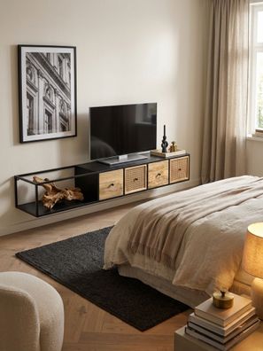 Lowboard hängend, Mango Massivholz & Metall, mit Wiener Geflecht, 150x25x35cm