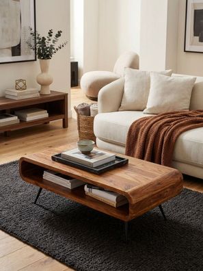 Couchtisch Sheesham Massivholz/Metall Eckig 90x55x30cm mit Stauraum