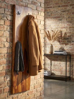 Wandgarderobe Massivholz Metall Modern 40x140x7cm Baumkante 2-reihige Hakenleiste