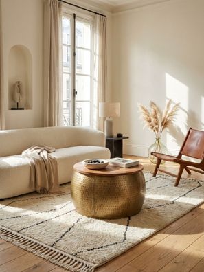 Couchtisch Rund, Mango Massivholz, Gold, Stauraum, abnehmbare Platte, 60x60x40cm