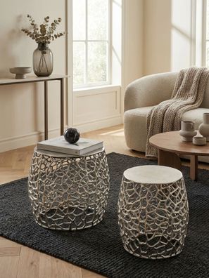 Satztisch Set - rund, Aluminium Silber, Aststruktur, 2-teilig, modern