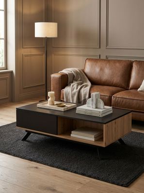 Couchtisch Schwarz/Eiche-Dekor, MDF, Stauraum, Schubladen, Metallbeine, 110x60x38cm