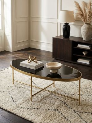 Couchtisch Schwarz aus Glas, Oval, mit Goldfarbenem Metallgestell, 110x56cm