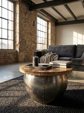 Couchtisch Mangoholz Metall Industrial 60x43x60cm Rund mit Stauraum Silber
