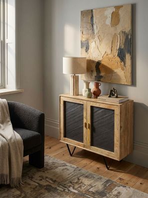 Sideboard Mango Massivholz & Steinoptik, Metallgestell, 2 Türen, 80x75x35cm