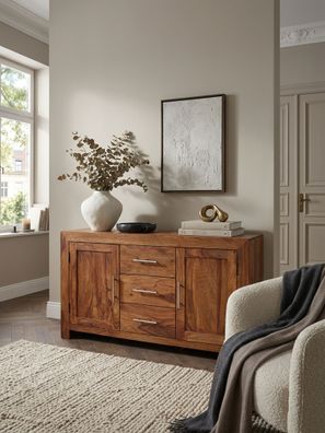 Sideboard - Massivholz, 118cm, 3 Schubladen, 2 Türen, Landhausstil