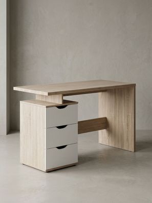 Schreibtisch - Sonoma Weiß, 120x76x53cm, 3 Schubladen, kompakt, mit Ablage