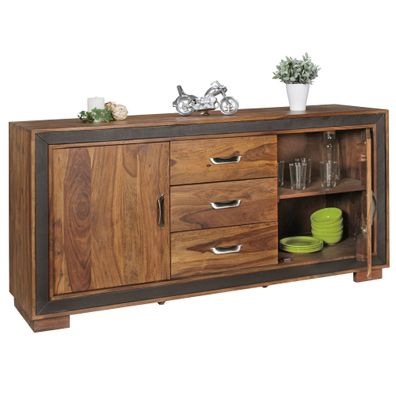 Sideboard Massivholz & Kunstleder, rustikal, mit Türen & Schubladen, 160x44x80cm