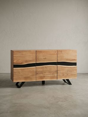Sideboard - Akazie Massivholz, 148x85x43cm, mit Baumkante, 3 Türen, Landhausstil