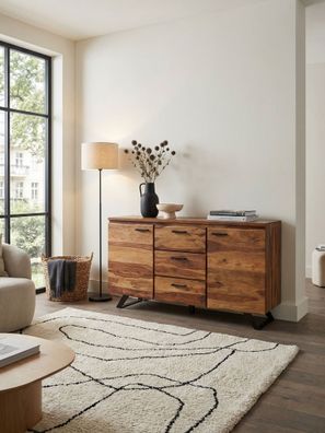 Sideboard - Massivholz/Metall, 145x82x45cm, mit Baumkante, Schubladen