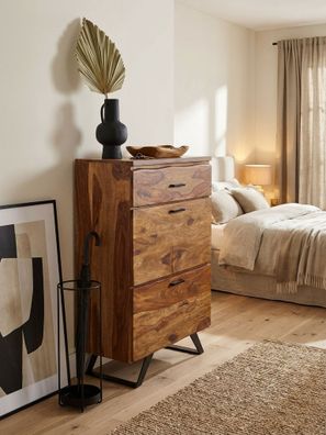 Kommode - Massivholz/Metall, 80x120x41,5cm, mit Baumkante, hoch, 3 Schubladen
