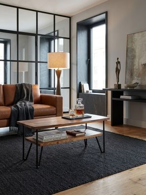 Couchtisch Rechteckig, Massivholz & Metall, Stauraum, Industrial Design, 90x50x40cm