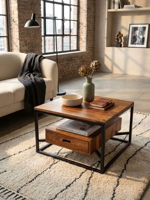 Couchtisch Quadratisch, Massivholz & Metall, mit Schublade, Modern, 60x60x40cm