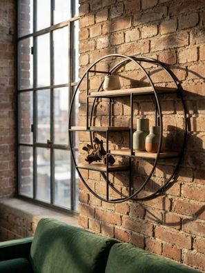 Wandregal Mango Massivholz Metall Industrial Stil Rund 70x70x18cm