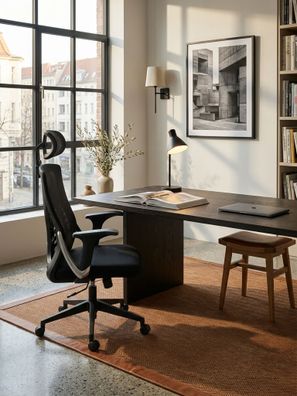 Bürostuhl Netzstoff Schwarz Kopfstütze Lendenstütze Sitzhöhe 42-52 cm
