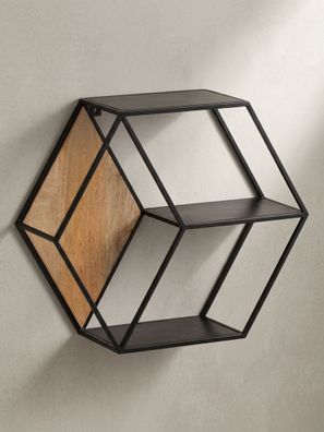 Wandregal Mango Massivholz & Metall Sechseckig Industrial Stil 60x52x20cm 3 Ablagen